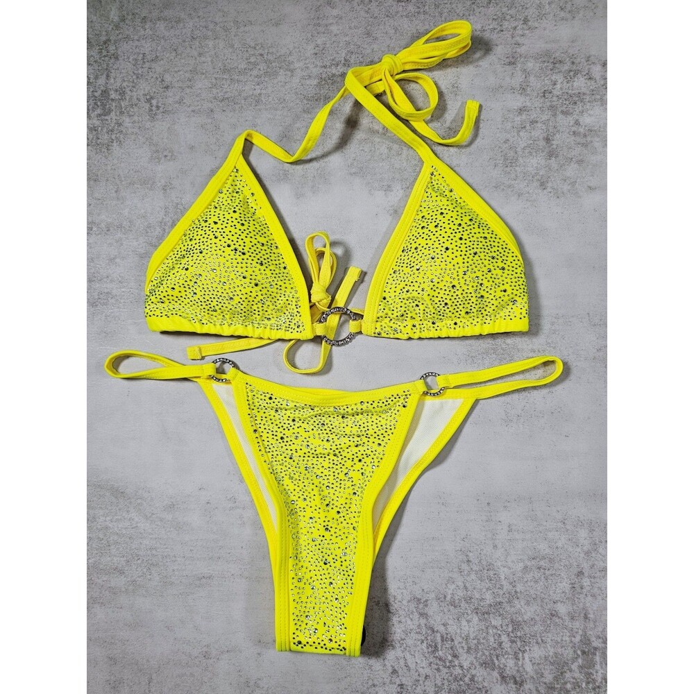 Neon Yellow Rhinestone Bikini Set Women's Triangle Top High Cut Bottoms Size L